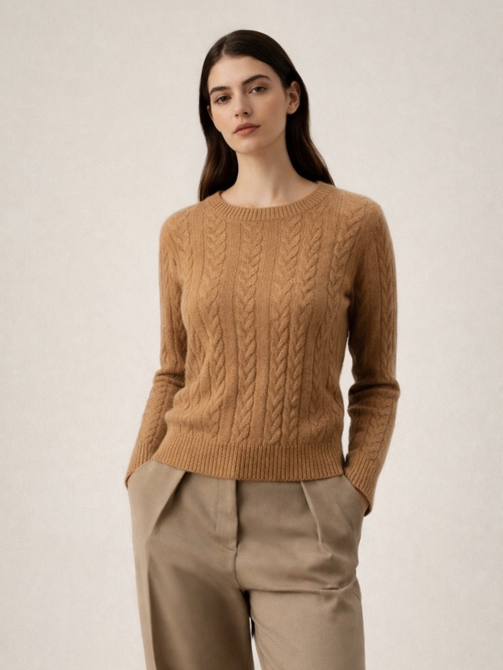 LilySilk 100% Cashmere Cable Knit Sweater NWT Camel XL